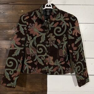 Vintage M.D.L. Floral Tapestry Style Cropped Jacket Earth Tones Metal Buttons Sm